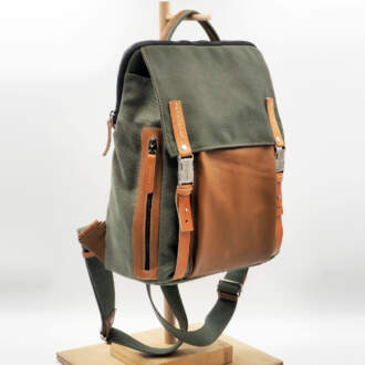 DAMIAN BACKPACK λαδί καμβάς -ταμπά  noce δέρμα