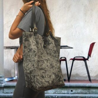 DENISE SHOPPING BAG γκρι καμβάς με σχέδια – δέρμα