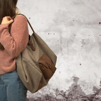 GIRONA SHOPPING BAG μπεζ καμβάς – δέρμα