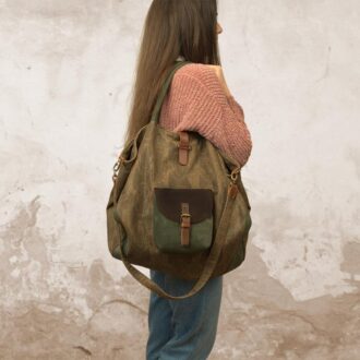GIRONA SHOPPING BAG καφέ σταμπωτός καμβάς – δέρμα