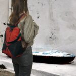 IRIA BACKPACK κόκκινο καμβάς - μπλε δέρμα
