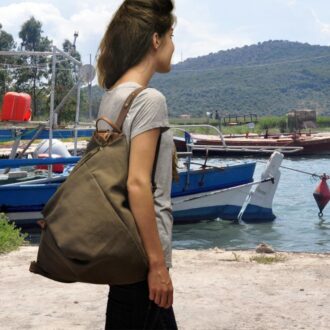 KALLIOPE BACKPACK καφέ-λαδί καμβάς – δέρμα