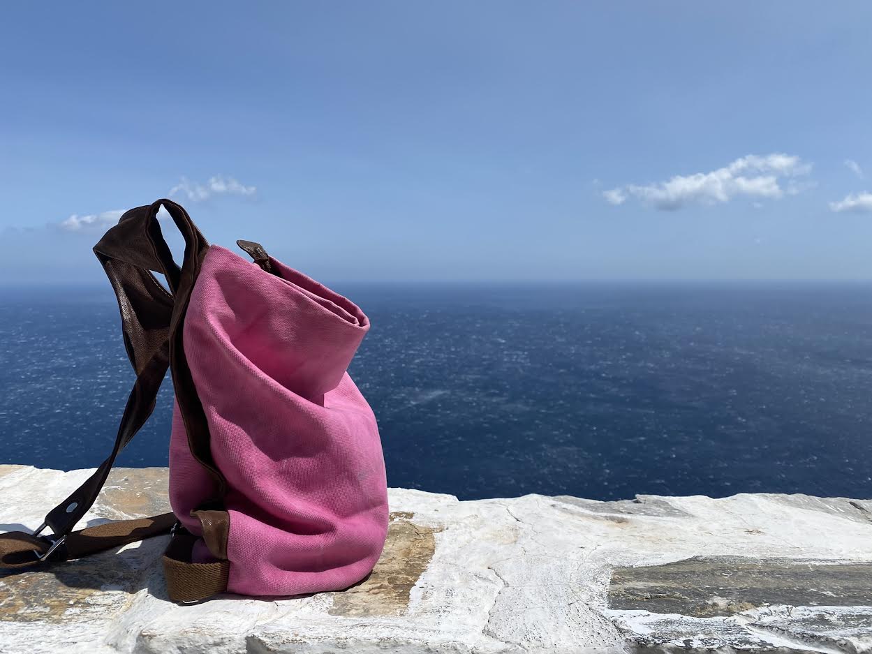 LAOURA BACKPACK πετροπλυμένος ροζ καμβάς-δέρμα