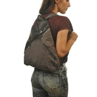 MYKONOS BACKPACK γκρι-καφέ με λουλούδια καμβάς – δέρμα