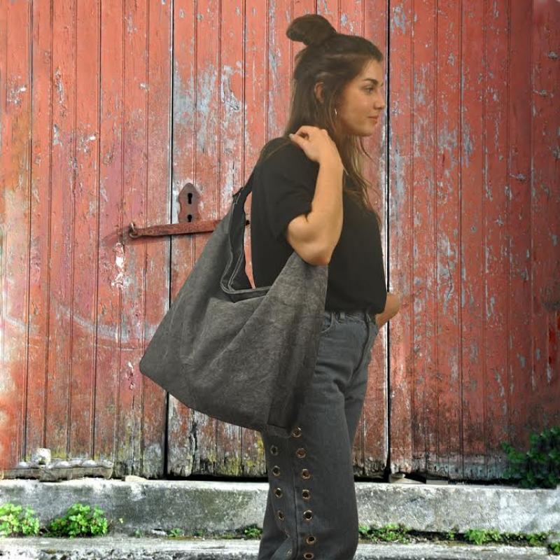 PENELOPE SHOULDER BAG grey canvas – leather