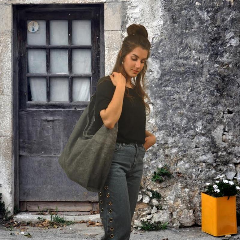 PENELOPE SHOULDER BAG grey canvas – leather